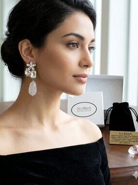Ali khan Earrings with rhinestones & white frosted stone dangle pierced gift box